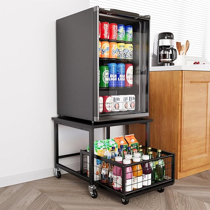 SpaceAid Mini Fridge Stand with Storage, 19.7" W x 19.7" D Heavy Duty Mobile Refrigerator Shelf Stand Table with Wheels, Fridge Cart Organizer with Drawer Basket for Home Dorm Office (Black)