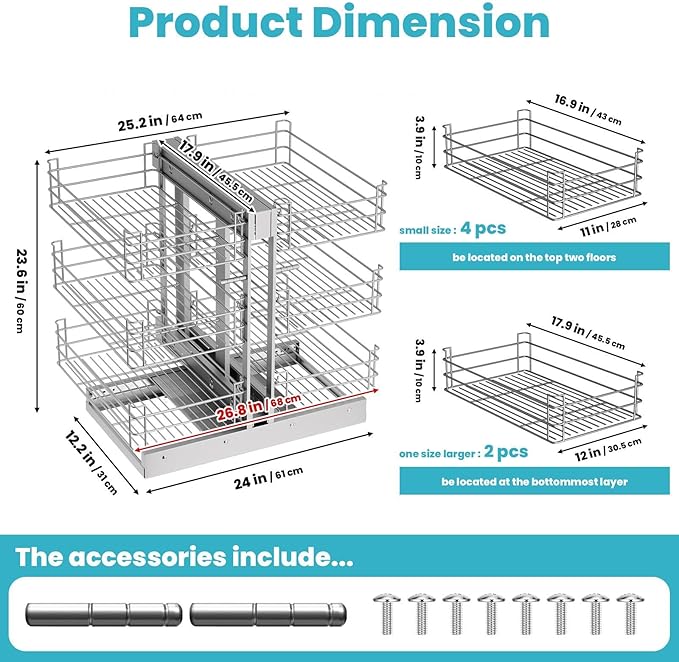 3 Tier 6 Shelf Under Sink Organizer for Kitchen Cabinets, 27’’ W X 20’’D Pull Out Cabinet Organizer, Stainless Steel Frame Slide Out Expandable Drawers for Kitchen Cabinets, Pantry, Bathroom