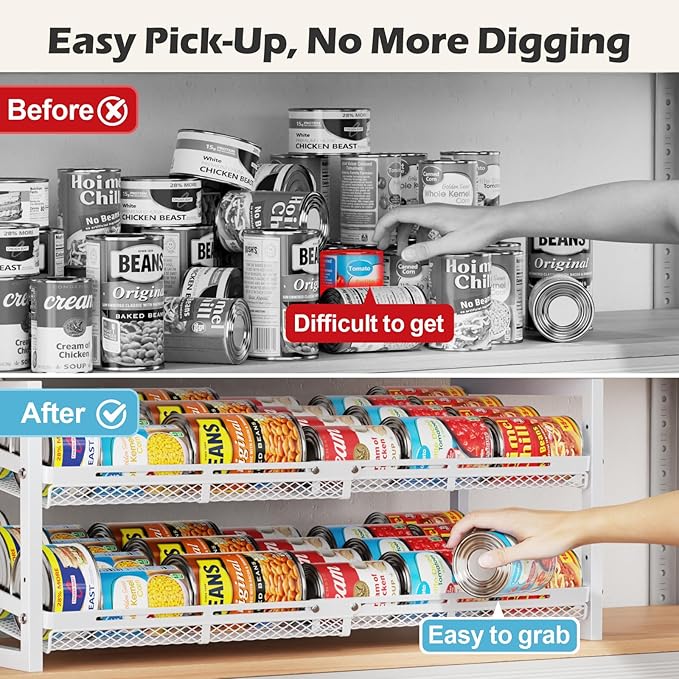 iSPECLE Extendable Can Organizer for Pantry, Adjustable Width Can Storage Organizer for 48 Cans, Heavy Duty Auto Rolling Dispenser Rack, Stackable Metal Holder for Soup Spices Snacks, White