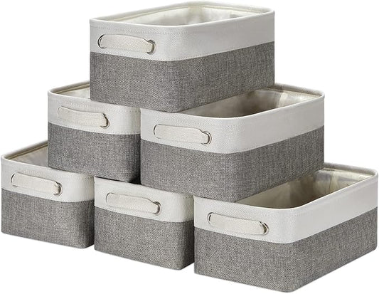 HNZIGE Small Organizer Bins for Shelf,Small Fabric Collapsible Baskets for Organizing Nursery Linen Canvas,Set of 6 Decorative Storage Basket for Storage Closet Toy(White&Gray, 11.8" x 7.8" x 5.1")