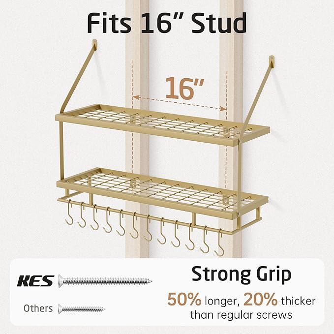 KES 30-Inch Gold Pot Rack Wall Mounted, 2-Tier Hanging Pot and Pan Organizer with 12 Sturdy Hooks, Elegant Modern Kitchen Wall Hanger Shelves, KUR215S75B-GD