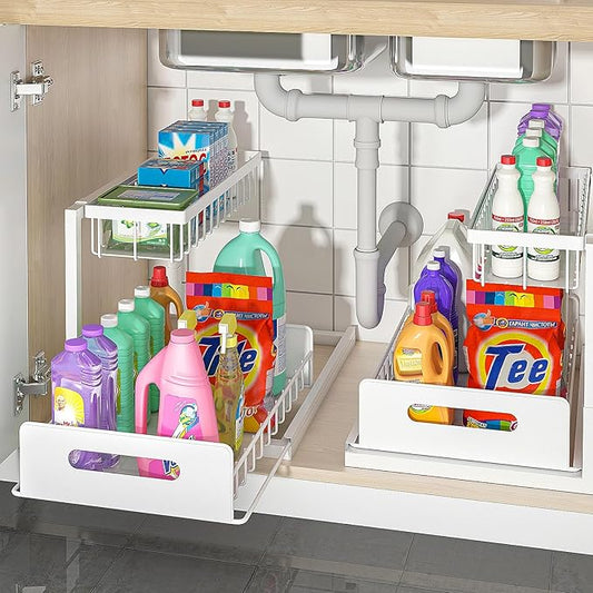 bukfen Under Sink Organizer, Pull Out Home Organizers 2-Tier Slide Out Sliding Shelf Under Cabinet Storage Multi-Use for Under Kitchen Bathroom Sink Organizers and Storage,White,2 Pack
