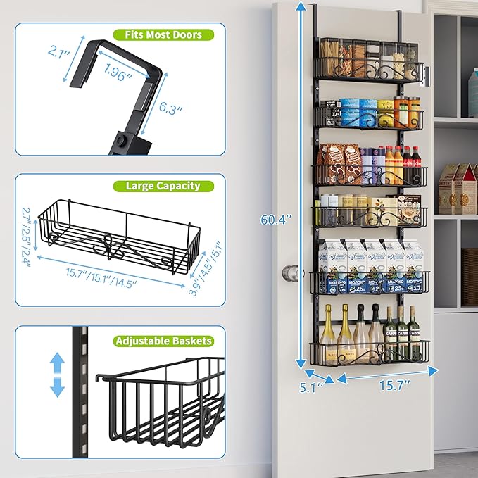 6-Tier Over the Door Pantry Organizer, Pantry Organization And Storage, Hanging Storage Organizer Spice Rack Metal Shelving for Home & Kitchen, Office Laundry Room Bathroom Black
