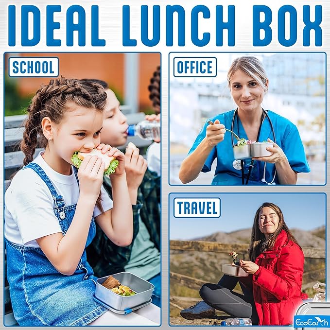 EcoEarth Stainless Steel Bento Box - 27 oz - Leakproof Metal Lunch Boxes for Adults with 3 Compartments - Small Tin Food Containers with Condiment Cups - Snack Box for Work - Blue