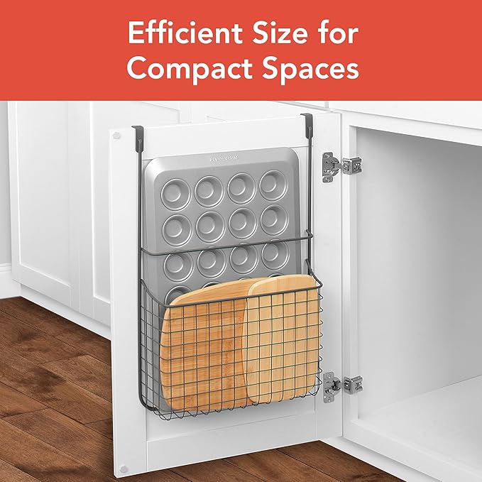 Spectrum Grid Cabinet Door Cutting Board Holder Over the Cabinet Door Metal Wire Kitchen Organizer for Cutting Boards Chopping Blocks Cookie Sheets Bakeware Storage Organization, Industrial Gray