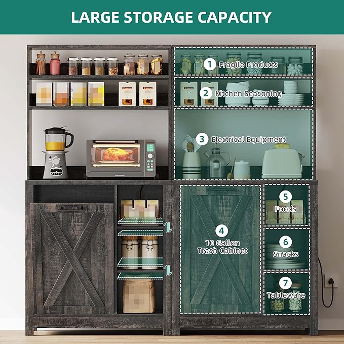 YITAHOME 6-Tier Rustic Oak Pantry Cabinet with Trash Can Bin & Charging Station, Tall Kitchen Storage with Adjustable Shelves for Microwave & Coffee Bar, Freestanding Storage Organizer