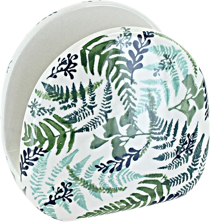 Blue Rose Polish Pottery - Green Woodland Fern Napkin Holder - 5" x 5" - Ceramic Napkin Holders, Decorative Dining Table Accessories