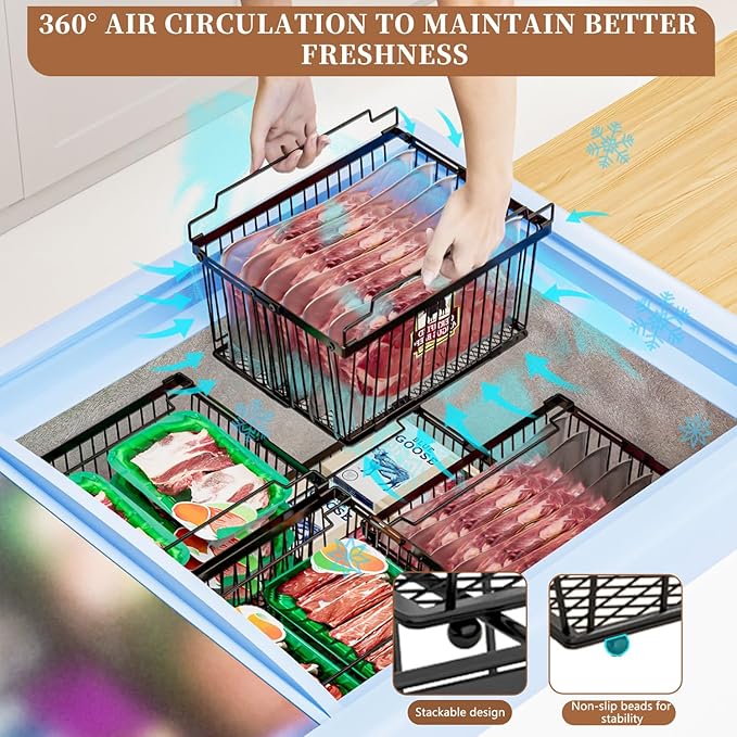 Large Freezer Organizer Bins，Upgraded Bottom Leak-Proof net，Fit 5 to 9 Cu Ft Chest Freezer，3 Pack， Expandable Stackable Chest Freezer Containers with Handle (Black--3Pack)