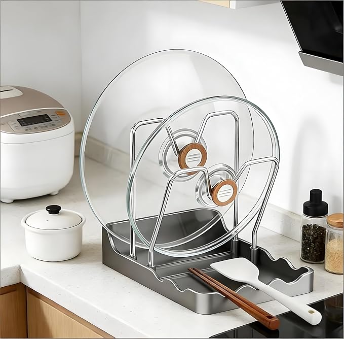 Kitchen Pot Lid Storage Rack, Pot Lid Holder With Tray, Lid Holder While Cooking, Lid And Spoon Rest, Multifunctional Kitchen Organizer Stand for Stove Top