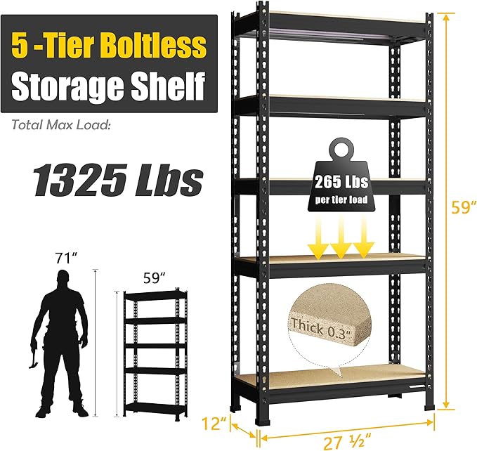 PrimeZone Storage Shelves 4 Pack 5 Tier Adjustable Garage Storage Shelving, Heavy Duty Metal Storage Utility Rack Organizer Shelf Unit for Warehouse Pantry Closet Kitchen Basement, Black