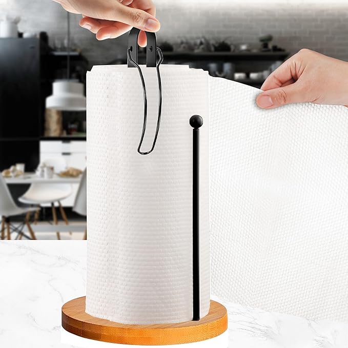 Wood Paper Towel Holder Countertop, TONLEA Kitchen Paper Towel Holder FreeStanding with Fixer for Kitchen and Bathroom Organization, Kitchen Roll Holder for Standard and Large Rolls