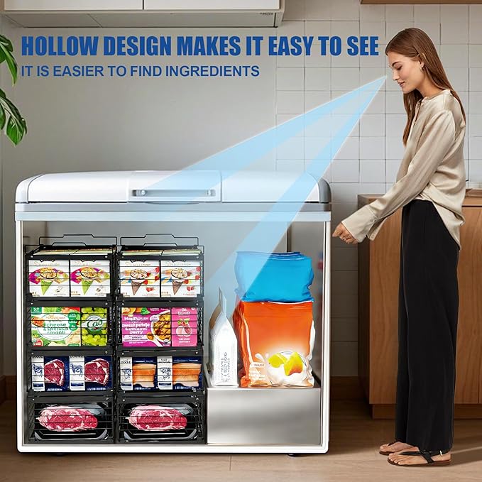 2Pcs Freezer Organizer Bins,11 to 17 inchs Large Scalable Stackable Freezer Storage Containers,Deep Freezer Organizer Bins Effectively Classify Food,Foldable Side Handles for Extra Storage Space