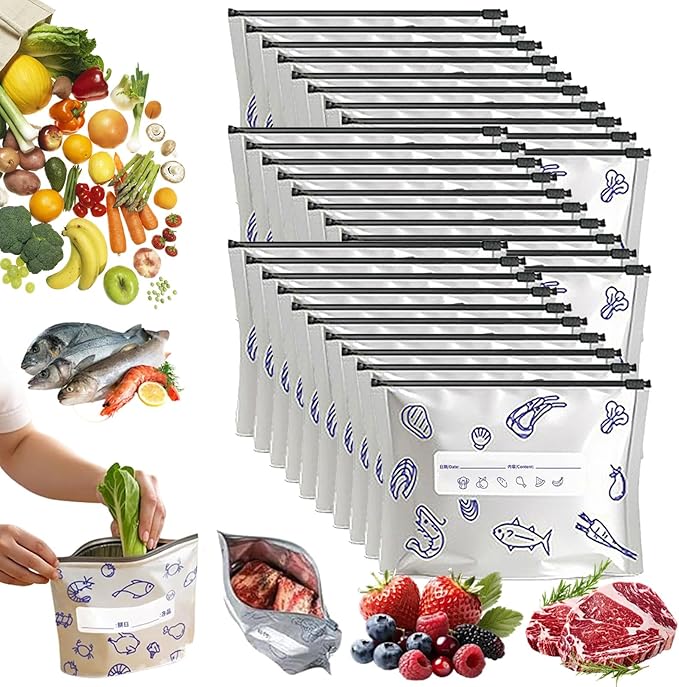 Reusable Aluminum Foil Sealable Storage Bags, 2026 New Resealable Vacuum Zipper Pouches for Food, Thicken Stand Up Foil Freezer Bags with Label & Zip Lock for Vegetable Fruit Meat (M*30)