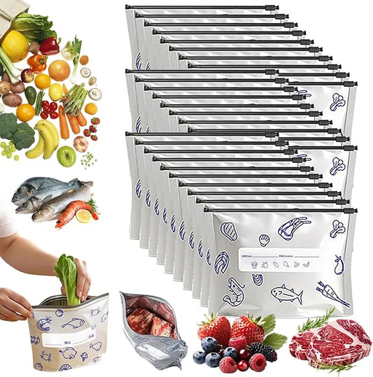 Reusable Aluminum Foil Sealable Storage Bags, 2026 New Resealable Vacuum Zipper Pouches for Food, Thicken Stand Up Foil Freezer Bags with Label & Zip Lock for Vegetable Fruit Meat (M*30)