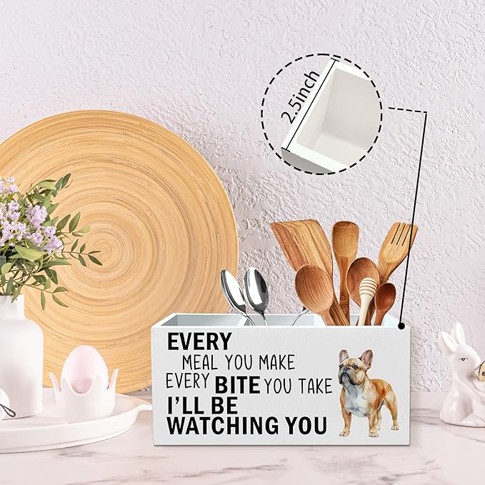 French Bulldog Dog Kitchen Utensil Holder for Countertop, Dog Decorative Lover Gifts, Funny Every Meal You Make Every Bite You Take Wooden Utensil Holder Organizer for Kitchen Table Decor