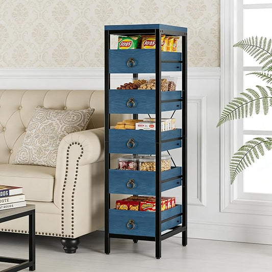 Kitchen Fruit Vegetable Storage Rack, 5-Tier Narrow Snack Fruit Display Stand with 5 Pull-Out Drawers Basket, Utility Organizer Standing Shelf for Kitchen Living Room Bathroom Supermarket, Blue