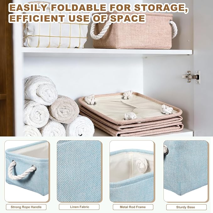 uxcell 2Pcs Fabric Storage Bins, 14 x 10.2 x 6.3 Inch Foldable Storage Cubes with Rope Handles Collapsible Bins Baskets for Home Office Shelves Closet Clothes Books Organizing, Light Blue