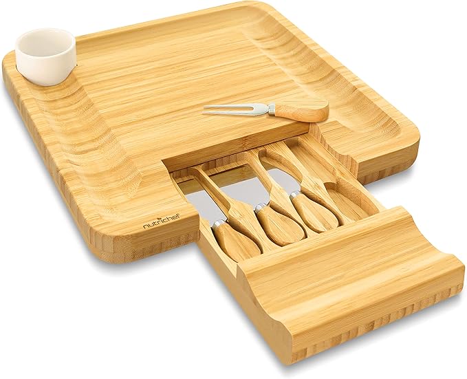 NutriChef Bamboo Natural Cheese Board Set with Bonus Condiment Cup-Extra Large Size 100% Home Organic Wooden Plate and Charcuterie Tray with 4 pcs Cutting Knife Slicer, 13" Square