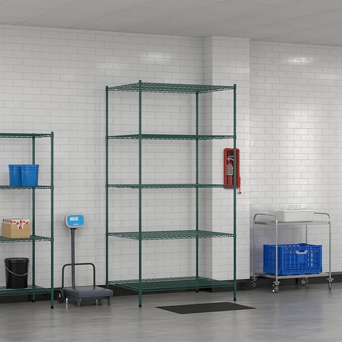 Commercial NSF Listed Green Epoxy Stationary Wire Shelving Kit 36" x 48" x 96", with 5 Shelves Perfect for Warehouse, Walk-in Refrigerator, Freezer, Grocery Store, Restaurant, Dishroom