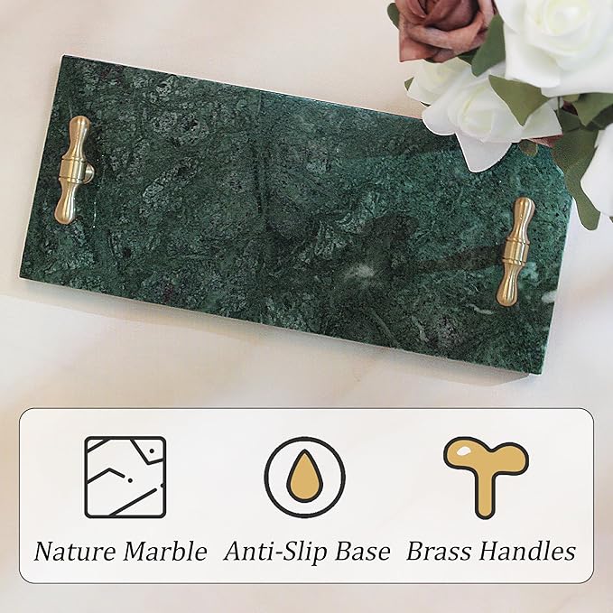 Marble Napkin Holder, Guest Towel Holder Tray, Green Marble Tray for Bathroom & Kitchen Countertop with Brass Handles, Decorative Bathroom Napkin Holder for Home Decor