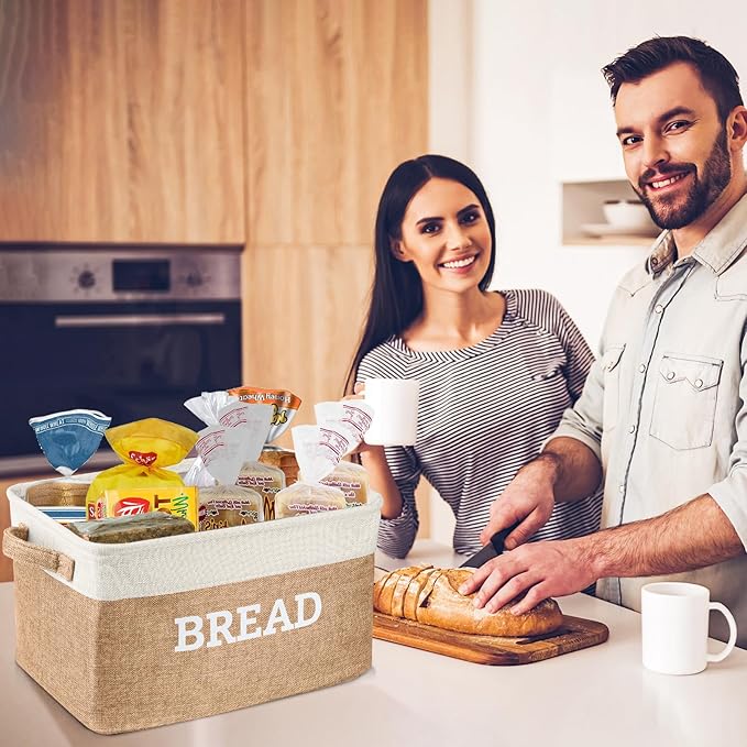 Lukeline Bread Storage Basket for Kitchen, Foldable Fabric Bread Keeper Bread Storage Container Bin with Handles, Bread Baskets for Kitchen Counter and Pantry (White & Beige)