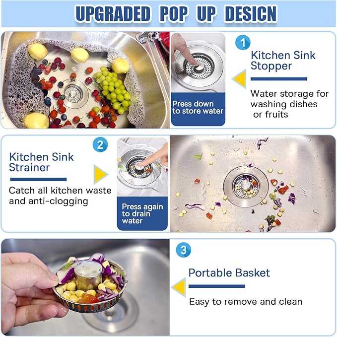 Upgraded 3in1 Kitchen Sink Drainage Filter,Stainless Steel Pop Up Sink Stopper, with Anti-Clogging Basket，Anti-Clogging Sink Drain Strainer for US Standard Kitchen Drain