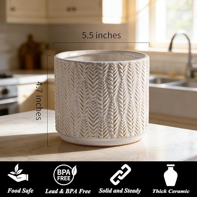 Utensil Holder Rustic Farmhouse Ceramic Utensil Crock for Countertop 5.3-Inch Handcrafted Kitchen Cooking Utensil Crocks with Cork Base Kitchen Decor Utensil Caddy(Pure White)