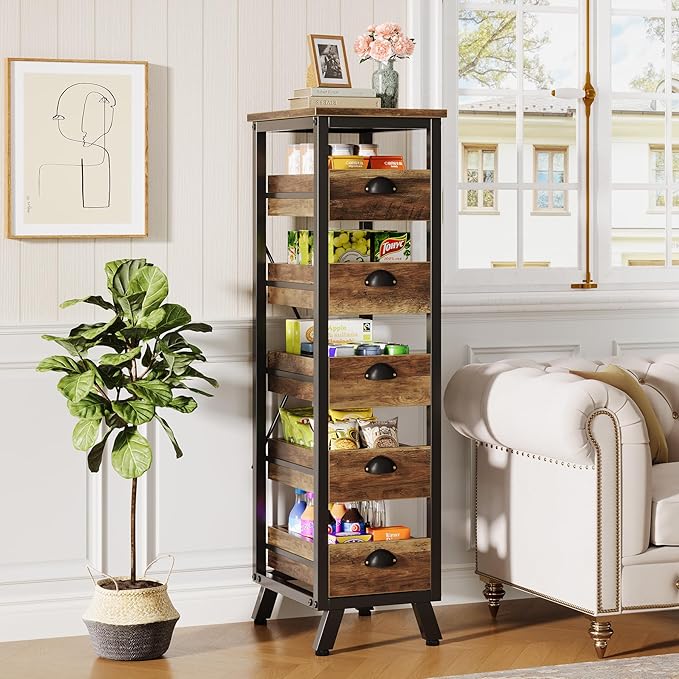 Tribesigns Wood Fruit and Vegetable Storage Rack, 5-Tier Narrow Snack Stand Kitchen Stand Fruit Basket, Pull-Out Utility Organizer for Kitchen, Living Room, Rustic Brown
