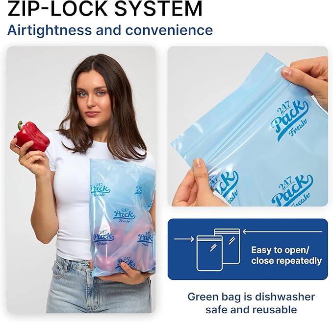Freshpack 247 Food Bags – Tear-Off Bags on a Roll, Reusable, Ethylene Absorption Helps Keep Food Fresh up to 3× Longer – Biodegradable, BPA-Free, UV-Shielded, SGS Tested (Large)