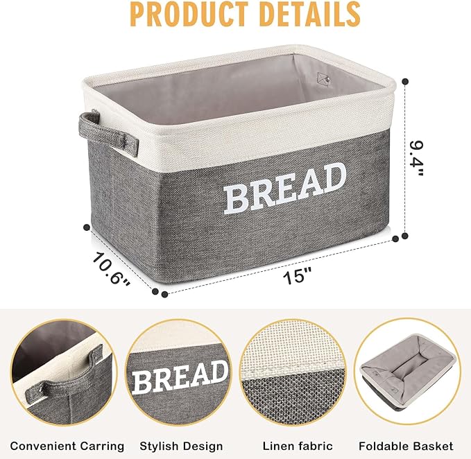 Lukeline Bread Storage Basket for Kitchen, Foldable Fabric Bread Keeper Bread Storage Container Bin with Handles, Bread Baskets for Kitchen Counter and Pantry (White & Grey)