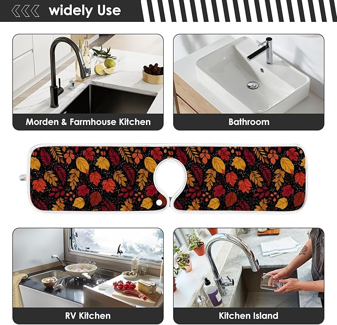 2 PCS Kitchen Sink Splash Guard 14.9 Inch Faucet Mat for Kitchen Sink Bathroom Sink Faucet Absorbing Drip Drain Mat Pad Microfiber Soft Washable Brown Autumn Maple Leaves