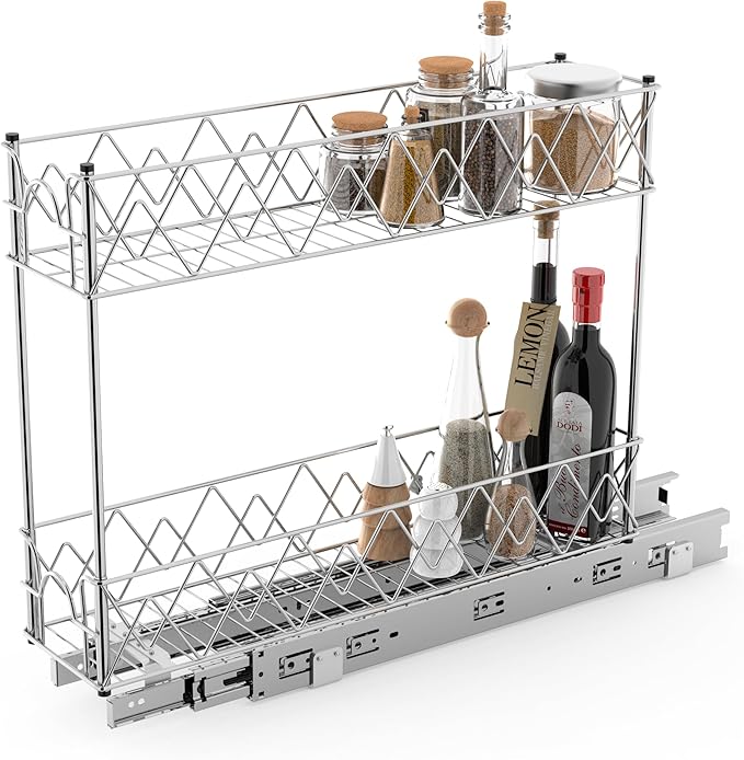 Narrow Pull Out Cabinet Organizer - 5" W x 21" D, 2-Tier Kitchen Cabinet Drawer Slide Out Shelves, Chrome