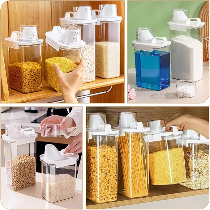 6-Piece Airtight Food Storage Container Set with Measuring Cup, Cereal Dispenser with Pouring Spout for Rice, Flour, Grain, Pet Food, 1800ml and 2300ml