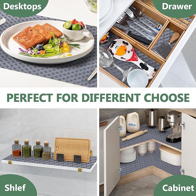 Origuuds Shelf Liners, Non-Adhesive Drawer Liner, Waterproof & Oil-Proof Kitchen Cabinet Cupboard Liner Plastic EVA Material BPA Free Fridge Liner Mats Paper Protector for Shelves (Grey/12in x 120in)
