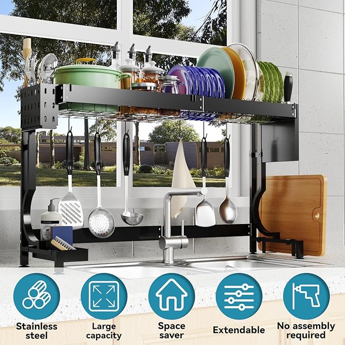 MINGLING Over Sink Dish Drying Rack Kitchen Dish Rack Over Sink Height & Width Adjustable Large Over Sink Dish Drainer Rack Full Stainless Steel (W21.2-37" ~ H18.5-22" Black)