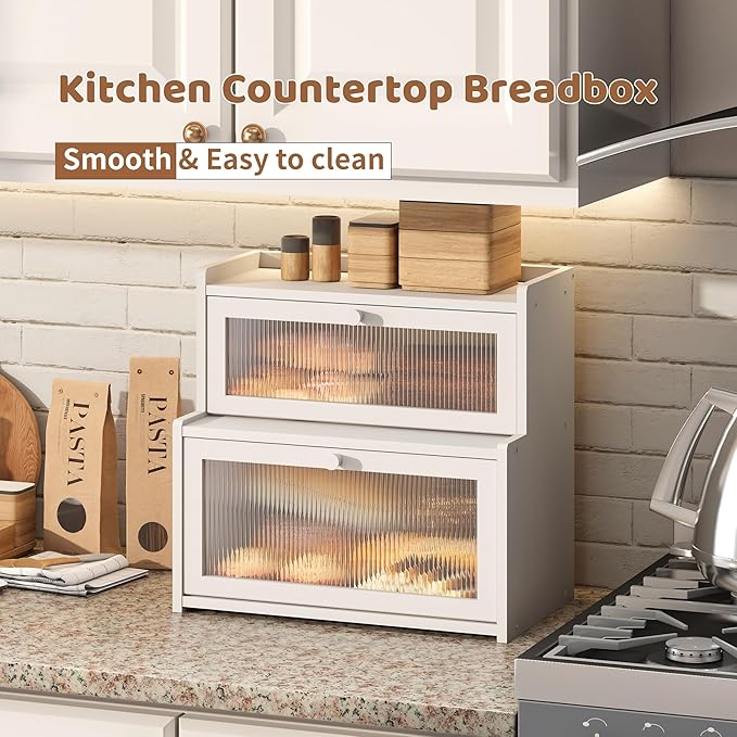 FILWH Bread Box for Kitchen Countertop Double Layer Large Corner Bread Box Capacity Bread Storage Bin Farmhouse Breadbox Container Organizer Cabinet Cupboard (White)