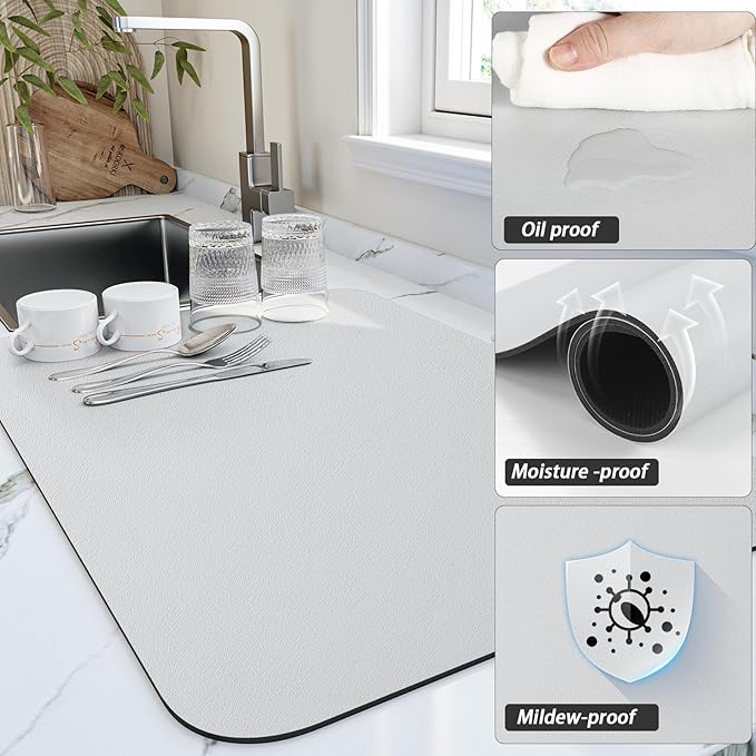 Dish Drying Mat for Kitchen Counter, Heat Resistant Drainer Mats with Non-slip Rubber Backed, Hide Stain Kitchen Super Absorbent Draining Mat, Easy to Clean Dish Rack Pad, Light Grey 18"x32"