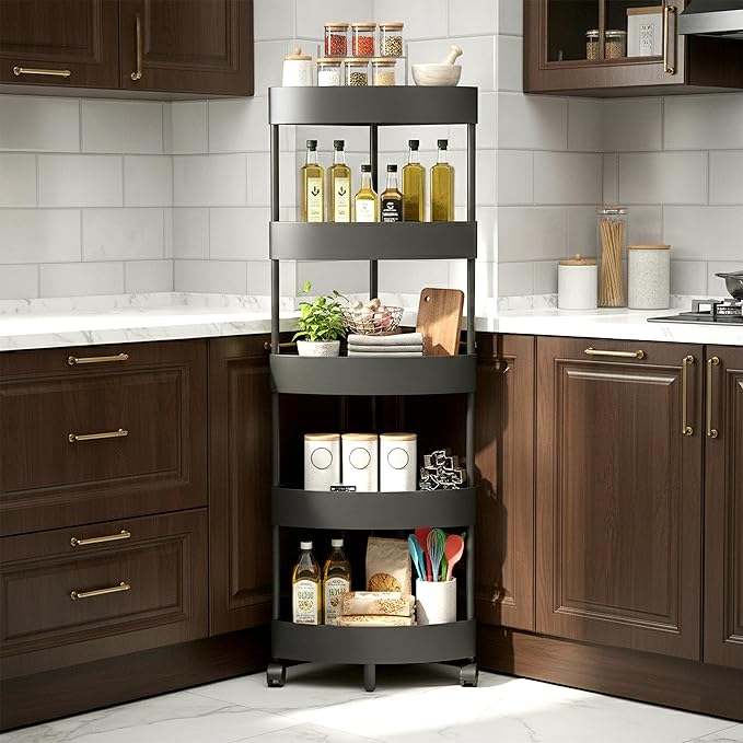 Durable 5-Tier Corner Storage Shelf with Wheels – Triangle Rolling Rack for Bathroom Organizers and Storage – Space-Saving Black Plastic