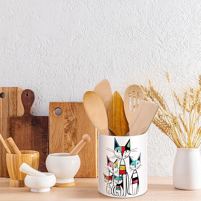 WILLBOND Cat Kitchen Decor Acrylic Kitchen Utensil Holder Crock Spoon Organizer for Countertop Cat Table Decor Coffee Spoon Holder Jar for Cooking Tools