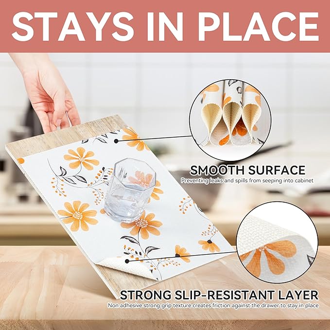 RAY STAR Shelf Liner, Non Adhesive Daisy Floral Printed Cabinet Liner for Pantry Drawer, Strong Grip Non Slip Waterproof, Shelf Liners for Kitchen Cabinets Organization 18 Inch x 8 FT (2 Rolls)