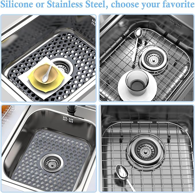 BEHOK Silicone Sink Protector for Kitchen Bathroom Sink, 2 Pack 13.58"x 11.6" Heat-resistant Mat, Non-Slip and Durable Silicone Protectors, Center Drain (Gray)
