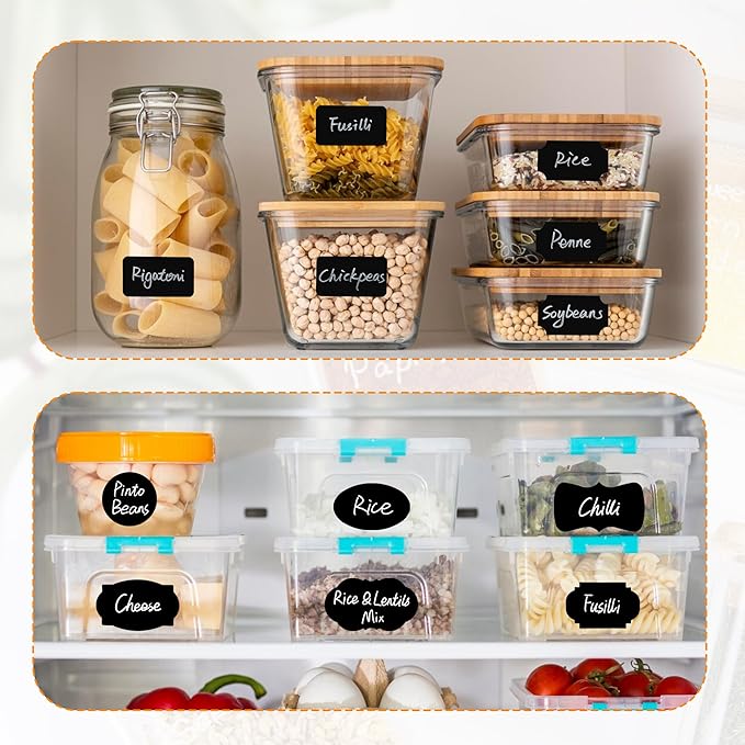 Fssqii 256 Kitchen Blank Chalkboard Labels for Jars Bottles Containers, Waterproof Reusable Removable Different Size Black Labels Stickers for Home Kitchen Pantry Food Spice Storage, Office (Black)
