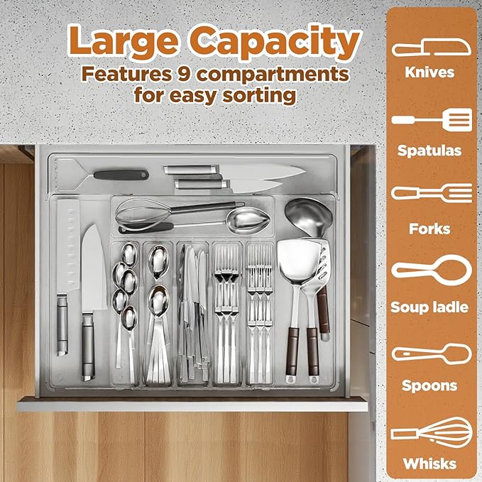 Expandable Utensil Drawer Organizer, Clear Plastic Silverware Tray for Drawers 9 Compartments Adjustable Non-Slip Drawer Storage Organizer forTableware, Knives, Forks, Spoons, Tools, Stationery