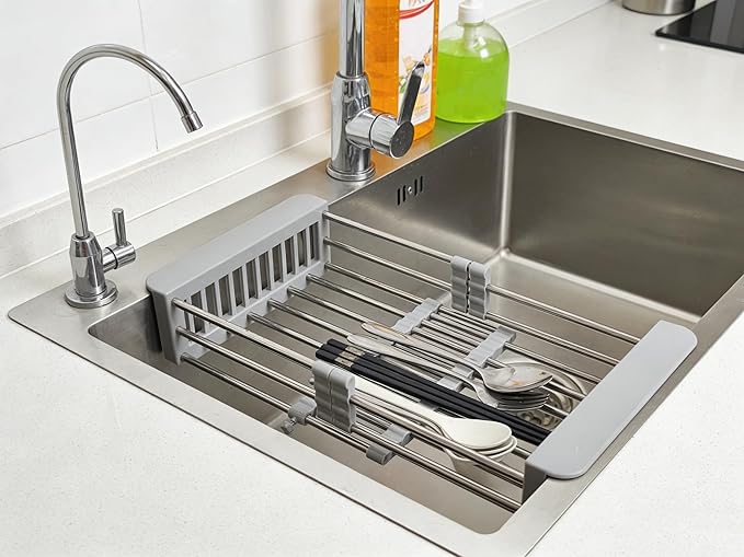Over The Sink Dish Drying Rack Gray, Stainless Steel Drainer Drying Basket for Kitchen Sink Retractable Sink Dish Drying Rack Expandable Organizer for Dishes, Vegetables, and Fruits
