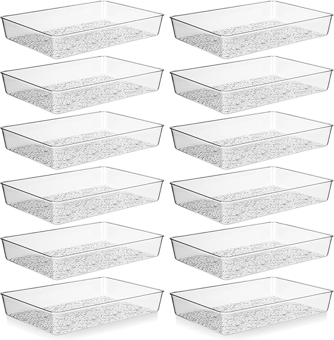 12 Pcs Plastic Drawer Organizer Trays, 10" x 7", Acrylic Organizers with Pebble-textured Clear Desk Storage Tray for Makeup, Jewelries, Kitchen Utensils, Bathroom and Office