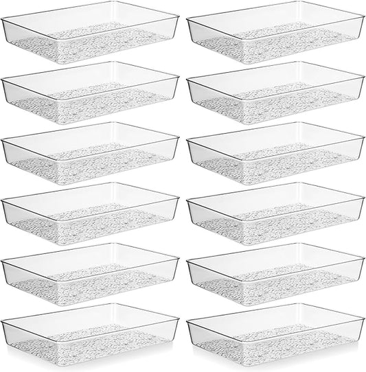 12 Pcs Plastic Drawer Organizer Trays, 10" x 7", Acrylic Organizers with Pebble-textured Clear Desk Storage Tray for Makeup, Jewelries, Kitchen Utensils, Bathroom and Office