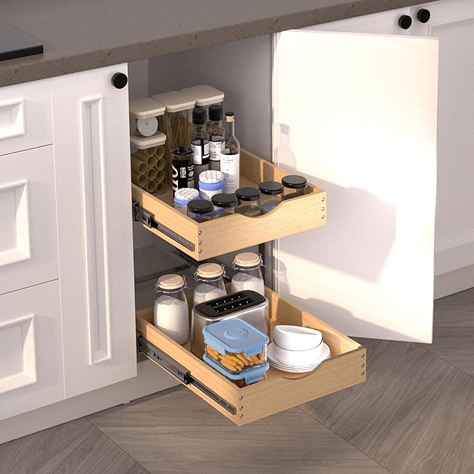 2-Tier Wood Cabinet Pull Out Shelves (14" W x 22" D), Wooden Slide Out Drawers for Kitchen Cabinets, Heavy-Duty Roll Out Pantry Organizer