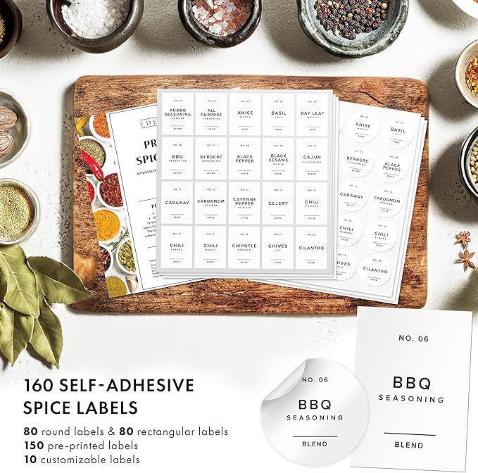 Minimalist Spice Container Labels Self-Adhesive - 160 Stickers for Spice Jars, Spice Jars & Drawers, Round & Rectangular, Waterproof Spice Organiser Labels for Kitchen Organisation (White)