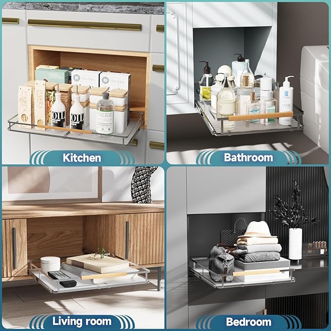 Expandable Pull Out Cabinet Organizer, Adjustable Width 20.5~37.5" W x 22.7" D, Bottom Mount Under Sink Organizer, Under Sink Organizer, Drawer Organizer Slide Out for Pots Pans