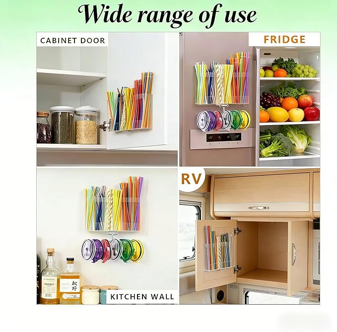 10''Straw Storage for Cabinet Door with Tumbler Straw Organizer,Large Straw Holder with Washable Sticky Reusable Cup Lid Holder,Water Bottle Accessories Organizer for Kitchen (White)